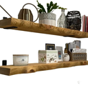Live Edge Hand Carved Look Solid Wood Shelf with Iron L Brackets, 2 Inches thick