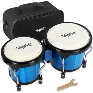 Wood Bongos Drum Set for Beginners Natural Adult Bongo with Tuning Wrench Bongo Drums 4" and 5" Tunable Percussion bongo drum Natural Animal Hides Metal (Blue)