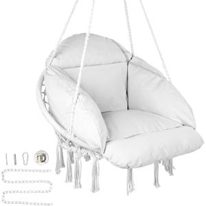 VEVOR Hanging Hammock Swing Chair, Macram Hanging Chair with Cushion and Mounting Hardware, Cotton Rope Swing Chair for Bedroom, Balcony, Patio, Garden, 264 lbs Capacity, White
