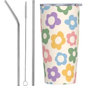 Vintage Groovy Flowers 20oz Stainless Steel Insulated Tumblers Travel Mug Cup Leakproof Gift For Men Women Hot & Cold Drinks Splash-Proof Lid Metal Straw and Brush