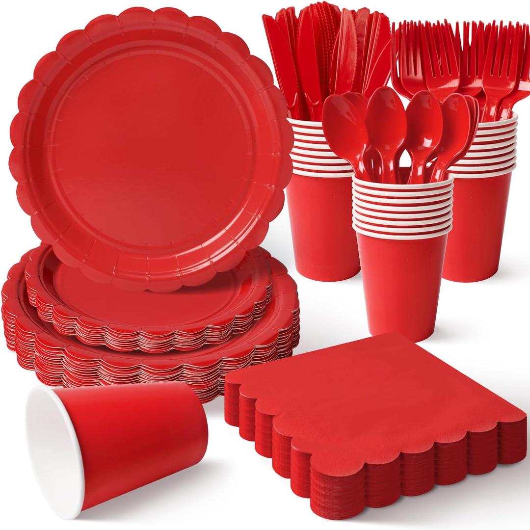 Vyntra 350 Pcs Red Disposable Paper Plates and Napkins Set for 50, 9" Dinner Plates & 7" Dessert Plates, Tableware for Christmas, Valentines Day, Birthday, Party