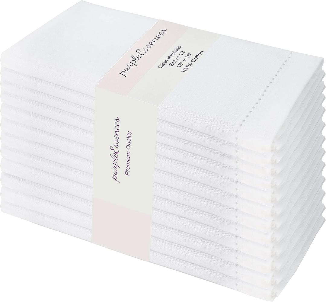 PurpleEssences Set of 12 Hemstitch Cloth Dinner Napkins 100% Cotton - Soft Durable Washable - Ideal for Wedding Fall Thanksgiving - Perfect Everyday Use Table Linen 18x18 - White