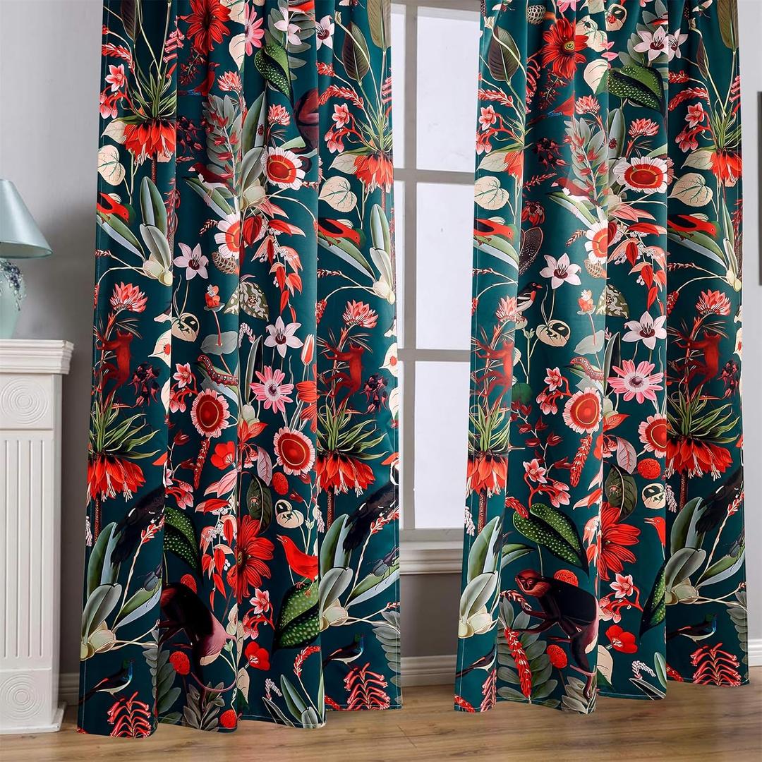 Boho Floral Bedroom Curtains, Vibrant Red Colorful Blackout Curtains Black Green 84 Inches Length, Vintage Cute Wildflowers Botanical Curtain Panels Draperies for Bedroom Living Dining Room Kitchen (52"W x 84.3"L (Pack of 2))