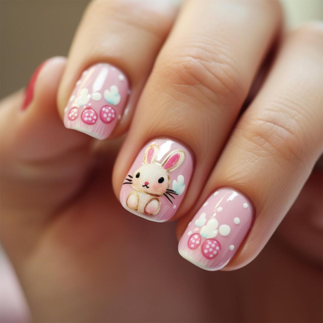 MIXFOSAHN Easter Press on Nails Short Square Fake Nails Nude Pink False Nails with Grid Flowers Designs Rabbit Glossy Stick on Nails Glue on Nails Easter Nails Acrylic Nails for Women Girls 24 Pcs