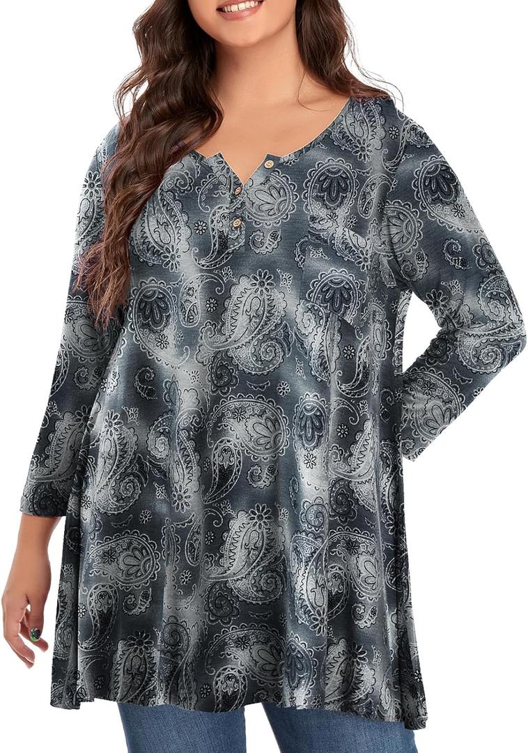 OVERWORETY Plus Size Tops for Women 3/4 Sleeve Henley V Neck Button Tunics Casual Loose Swing Shirts for Leggings (1X, Gey Paisley)