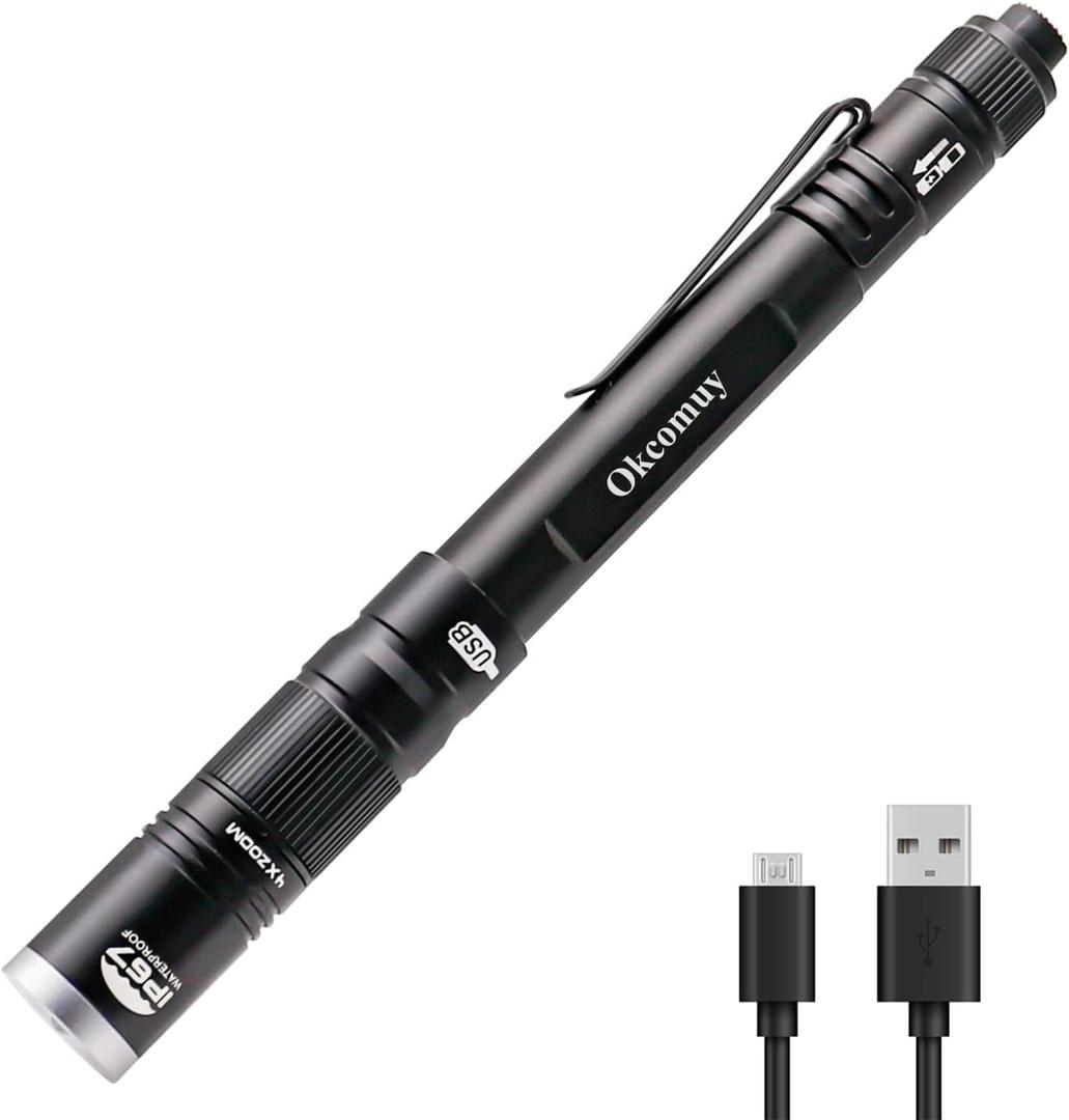 Rechargeable Pen Light Flashlight IP67 Waterproof with Pocket Clip 4-Zoomable, Prefect Pocket Flashlight for Inspection,Work,Repair (1 Pack, Black)