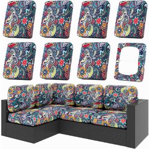 hyha 8Pcs Patio Cushion Covers, Stretch Outdoor Couch Cushion Covers Replacement, Washable Outdoor Chair/Sofa Slipcovers for Patio Furniture Cushions Protector with Elastic Bottom(Paisley,Cover Only)