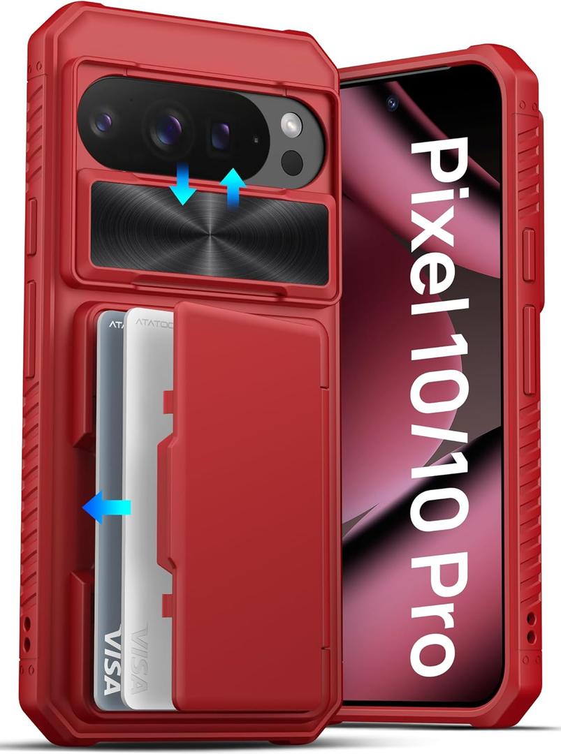 ATATOO for Google Pixel 10/Pixel 10 Pro Case Wallet, Built-in Card Holder (3-5 Cards) & Slide Lens Cover, Military Grade Protection, Silicone Phone Cover for Pixel 10/10 Pro 6.3" 2025, Red