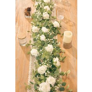 Anna's Whimsy 5.91FT Artificial Eucalyptus Garland with Flowers, Fake Flower Rose Gypsophila, Faux Floral Greenery Garland for Wedding Spring Home Party Craft Art Table Runner Decor (1PCS, Ivory White)