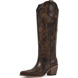wetkiss Cowboy Boots for Women Knee High Cowgirl Boots, Western Boots with Floral Embroidered Pointed Toe Chunky Heel Pull On Retro Vintage Classic Tall Boots for Ladies 7.5