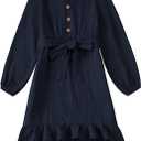blibean Girls Cotton Long Sleeve Dresses Ruffled Semi Formal Dress Size 6-15 Years (Blue, XL)