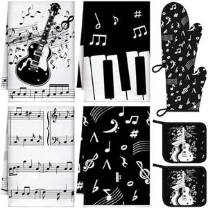 Leinuosen 8 Pcs Music Note Kitchen Decor Accessories Set Farmhouse Towels Oven Mitts Pot Holders Dishcloths Set Kitchen Decorative Absorbent Potholders for Chef Baking Cooking