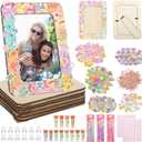 Threehoney 138 Pcs Galentines Day DIY Picture Frame Painting Craft Kit 6 Unfinished Wooden Photo Frames 12 Color Cream Glue Painting Accessories Glitter Stickers for Valentine's Day Decor Party Favors