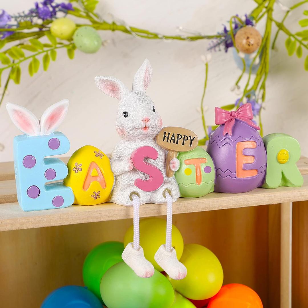 Lulu Home Easter Tabletop Ornament, 8.3" L x 5.9" H x 2" W Resin Bunny Shelf Sitter with Dangling Legs, Adorable Happy Easter Rabbit Statue with Easter Eggs for Spring Indoor Decorations