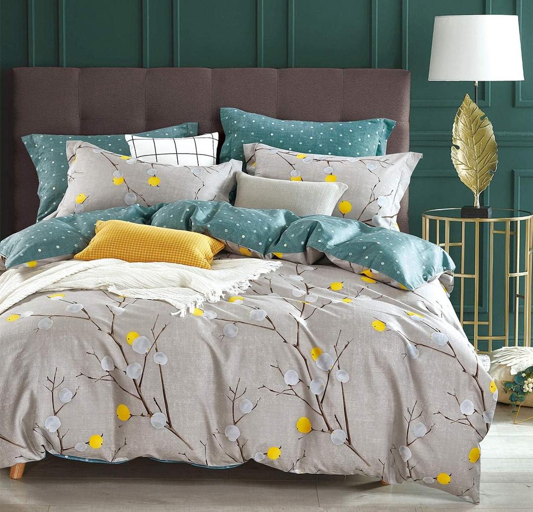 SLEEPBELLA Comforter Queen Size, 600 Thread Count Cotton Grey Branch with Yellow Turquoise Polka Dot Pattern Green Reversible Comforter Set, Down Alternative Bedding Set 3Pcs (Queen, Grey Branch)