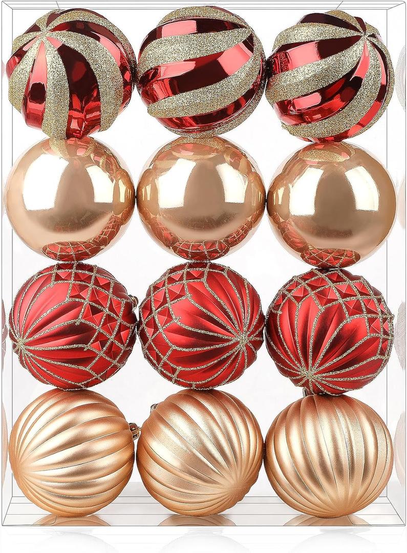 SHareconn 12ct 3.15 Inch Christmas Tree Balls Ornaments, Colored Shatterproof Plastic Decorative Baubles Decorations for Xmas Tree Decor Holiday Party Wedding Decoration (Red & Gold, 80mm)