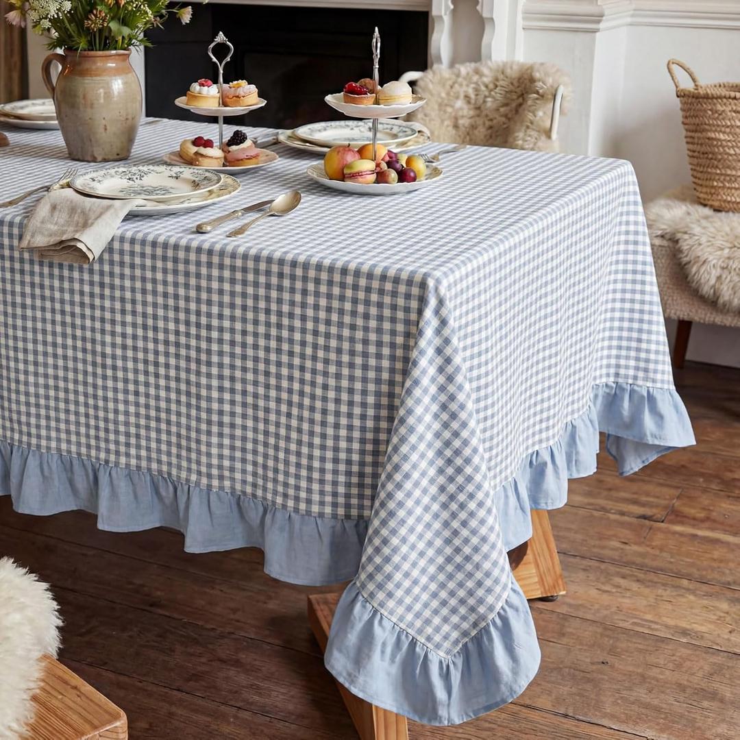 HunnmingRe Blue Gingham Plaid Ruffled Tablecloth 84 x 60 Inches 100% Cotton Checkered Rectangle Table Cloth Farmhouse Cottage Vintage Dining Table Cover Decor for Spring Holiday Party