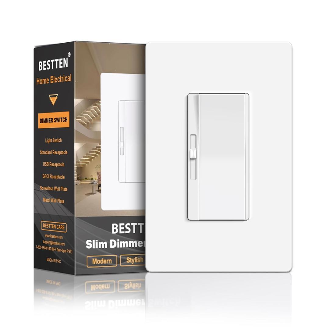 BESTTEN 0-10V Dimmer Light Switch, Super Slim Low Voltage Dimmer Switch for Dimmable LED Lights, Single-Pole or 3-Way, Screwless Wallplate Included, ETL Listed, White
