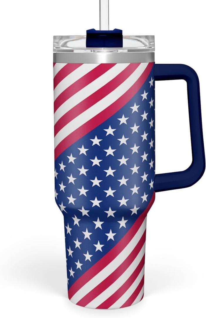American Flag Tumbler with Handle, America Engraved 40oz Stainless Steel Insulated Coffee Mug with Lid & Straw, America Gifts for Men Women, USA Tumblers Cup Gift for Christmas