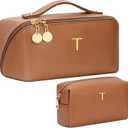 Birthday Gifts for Women Teen Girl, Personalized Initial Makeup Organizer Bag Set, Open Flat Travel Cosmetic Bag With Clear Divider and Handle(Brown, T)