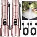 WdtPro LED Rechargeable Flashlight 2 Pack, 3 Modes Super Bright High Lumens Flashlights, Zoomable Tactical Flash Light with LCD Display, IP65 Waterproof Flashlights for Home Emergency Camping - Pink