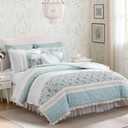 Madison Park Dawn 100% Cotton Shabby Chic Comforter Set-Modern Cottage Design All Season Down Alternative Bedding, Matching Shams, Bedskirt, Decorative Pillows, Queen(90"x90"), Aqua 9 Piece ,