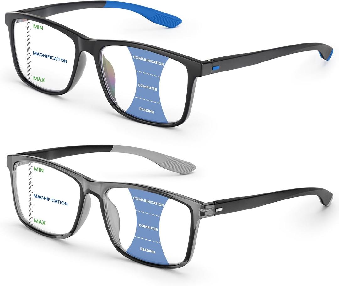 2 Pack Progressive Multifocal Reading Glasses for Men Blue Light Blocking TR90 Full Rim Readers Hidden Spring Hinge Rubber Tips Near Intermediate Vision,2.75x
