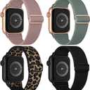 4 Pack Stretchy Solo Loop Compatible with Apple Watch Bands 38mm 40mm 41mm 42mm 44mm 45mm 46mm 49mm Women Men, Sport Nylon Elastic Straps Wristbands for iWatch Series 11 10 9 8 7 6 5 4 11 Ultra/SE 3 2 (Black/Cactus/Leopard/Nude Pink)
