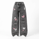 GORGLITTER Girl's Baggy Wide Leg Jeans Butterfly Graphic Print Elastic High Waisted Denim Pants Bottoms Trousers with Pockets, Black, 9 Years