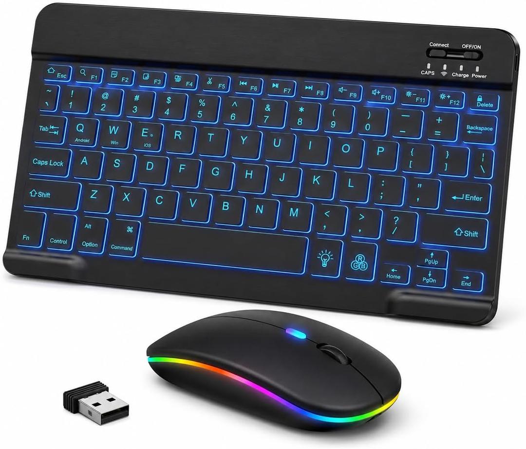 Rechargeable Bluetooth Keyboard Mouse Combo, 10 Inch Keyboard with Backlit, Silent Keys and Wireless Mouse for iPad, Tablet, Laptop and PC