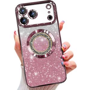 Misscase for iPhone 17 Pro Max Magnetic Glitter Case Compatible with MagSafe,Full Protection Slim Shockproof Anti-Scratch Case with Camera Lens Protector Plating Bling Dust-Proof Net Pink