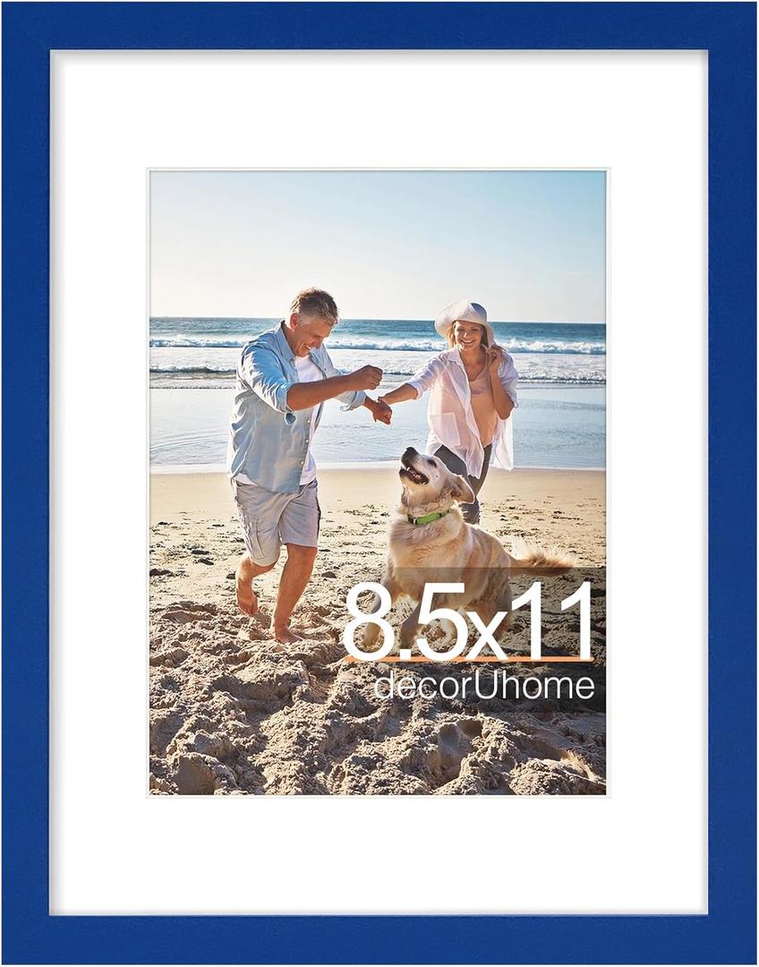 decorUhome 8.5 by 11 Picture Frame, Display Pictures 6x8 with Mat or 8.5x11 without Mat, Wall & Tabletop Display Certificate Frame, Royal Blue, 1 Pack