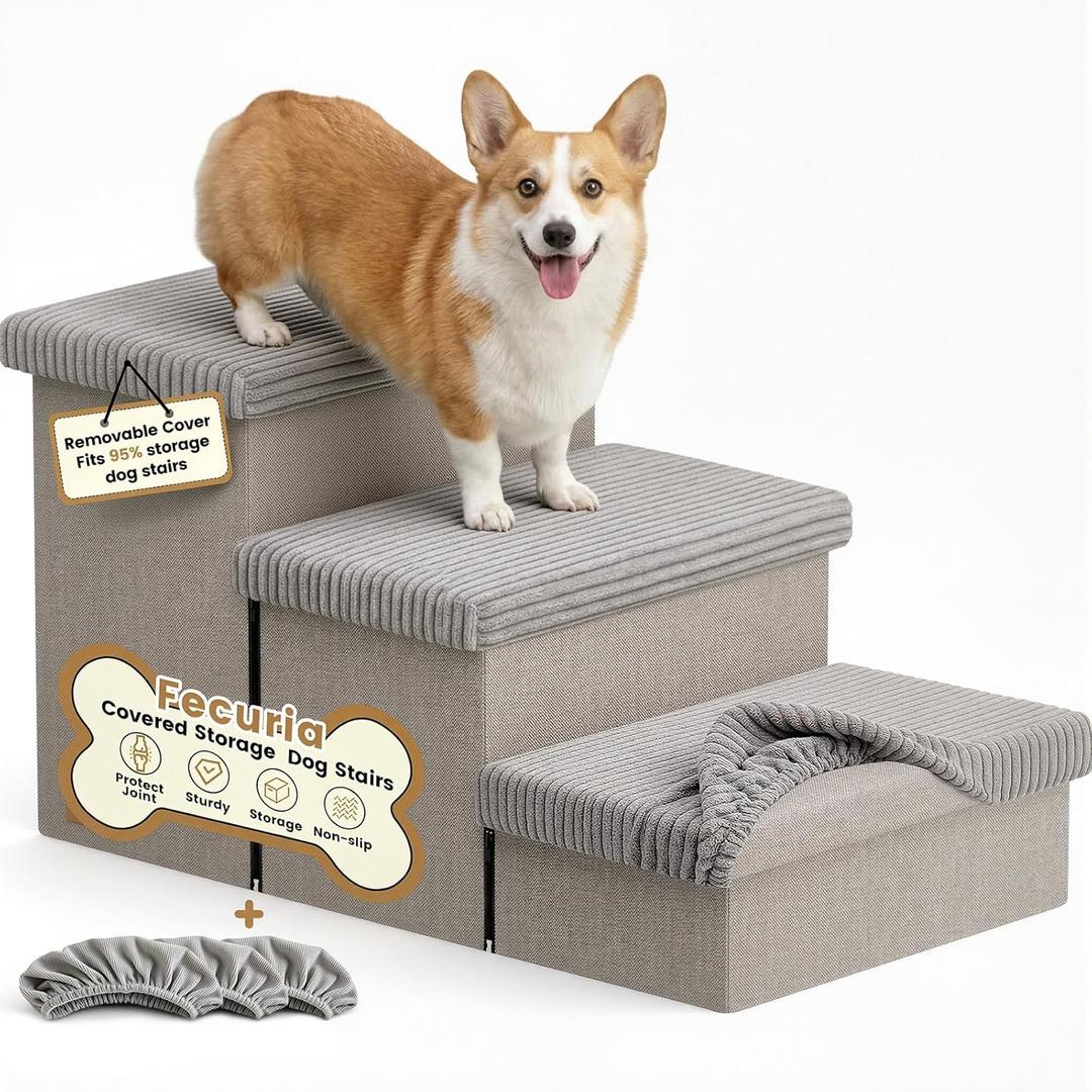 3-Step Wide Dog Stairs 18" H with Removable Cover, Non-Slip Storage Pet Steps for High Bed Couch, Pet Stairs for Small/Medium/Large Old Dogs Puppy Up to 200lbs, Cat Dog Steps for Car, Grey (30"D x 17"W x 17.1"H)