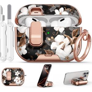 for AirPods Pro 2/1 Case (2023-2019), with Safty Lock & Phone Stand for AirPods Pro 2/Pro1 Generation Case Cover for Women Girly with Keychain & Cleaner Kit - Black Gold Flower