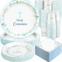 200 Pcs First Holy Communion Disposable Tableware Set Blue God Bless Baptism Disposable Paper Plates Napkins and Cups for Dessert Christening Celebration Eucharist Party Supplies
