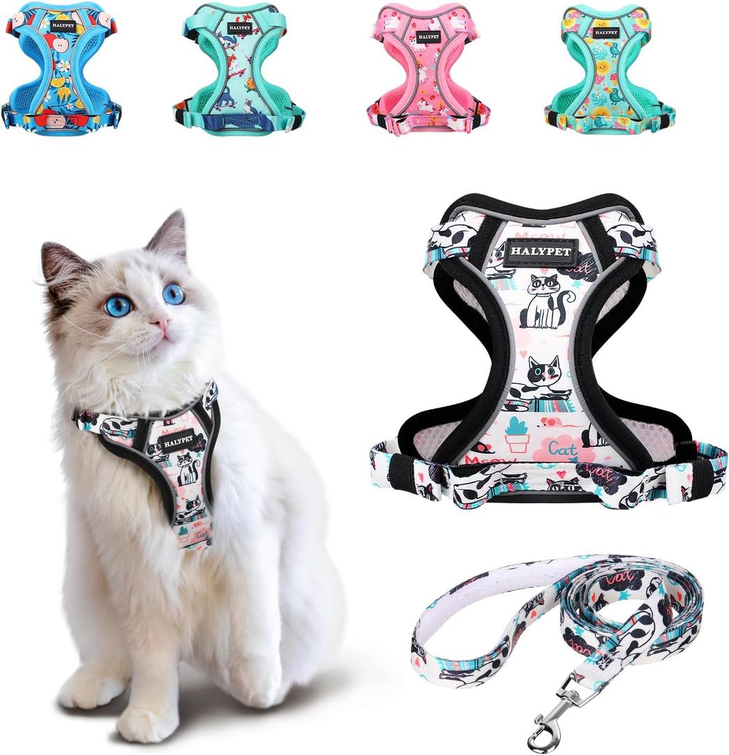 Halypet Cat Harness and Leash Set[MAX Safety 4th-Gen] Cute Escape Proof Vest Harness for Girl&Boy Cat Walking, Comfortable Adjustable Leash and Reflective Strips for Outdoor Kitten, S Inky Meowy (Small (7-12lb))