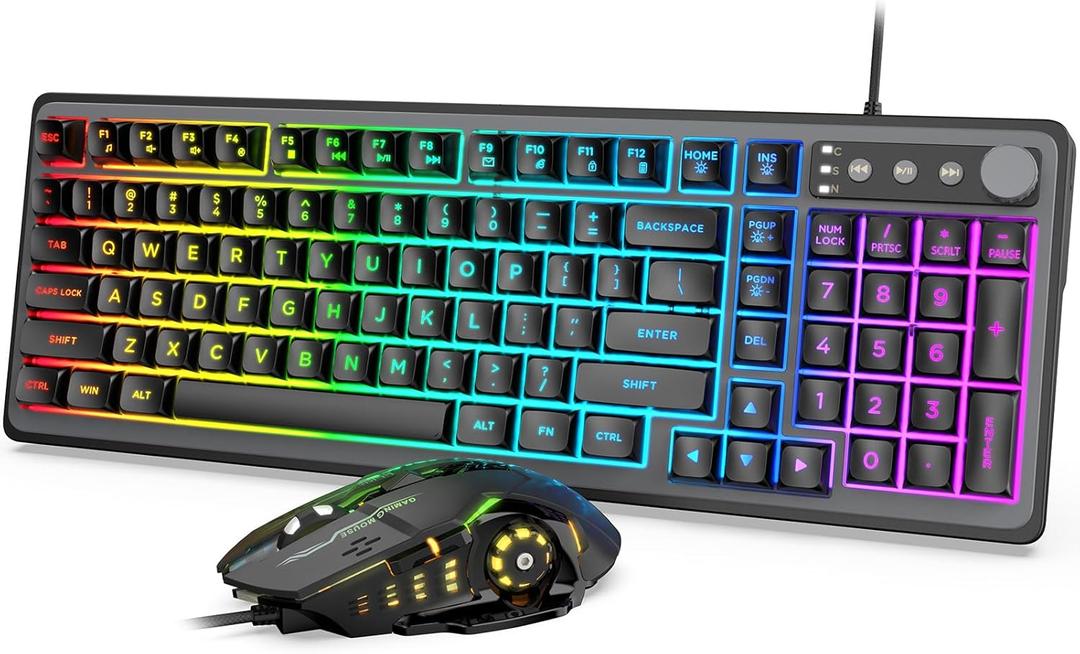Gaming Keyboard and Mouse Combo - RGB Backlit 14 Lighting Effects, USB Wired Computer Keyboard, 26-Key Anti-Ghosting, Volume Wheel, Quiet Typing, Adjustable DPI Mouse for Gaming & Work, Trueque (Classic Black)