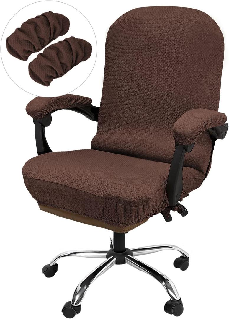 Office Chair Cover with Armrest Covers Stretchable Oversized Desk Chair Cover with Zipper Thick High Back Office Seat Cover for Extra Large Executive (Big Tall Man) Chairs(X-Large Size, Coffee)
