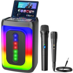 Karaoke Machine for Adults & Kids, Portable Bluetooth Speaker with 1 Wireless Karaoke Microphone and 1 Wired Mic, Pa System with Light for Homer Party/Birthday Gifts