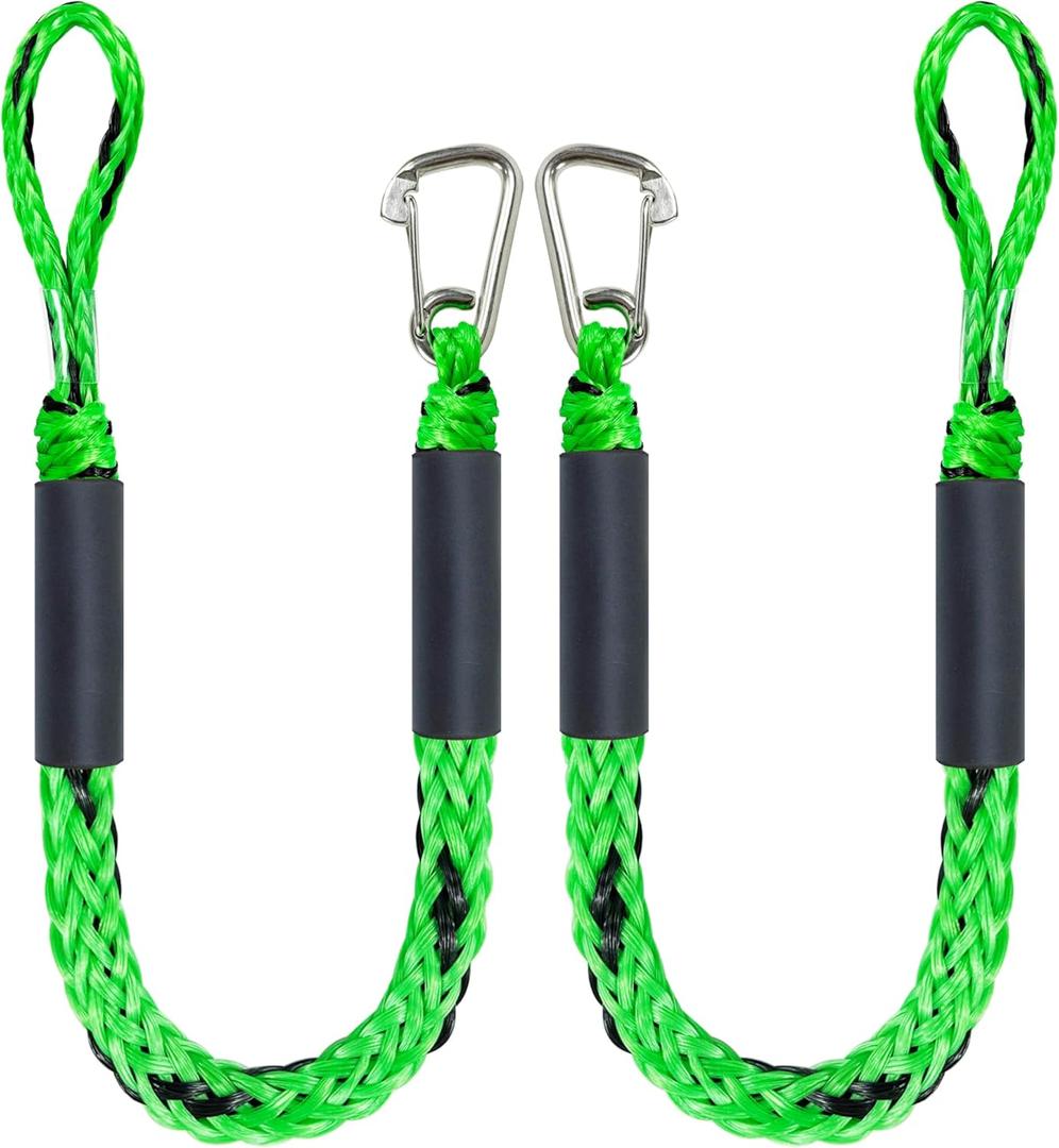 4 Feet Bungee Dock Line Mooring Rope for Docking with Stainless Steel Clip Accessories for Boats PWC, Built in Snubber, Kayak, Watercraft,SeaDoo,Jet Ski, Pontoon, Power Boat 2-Pack (Green&Black)