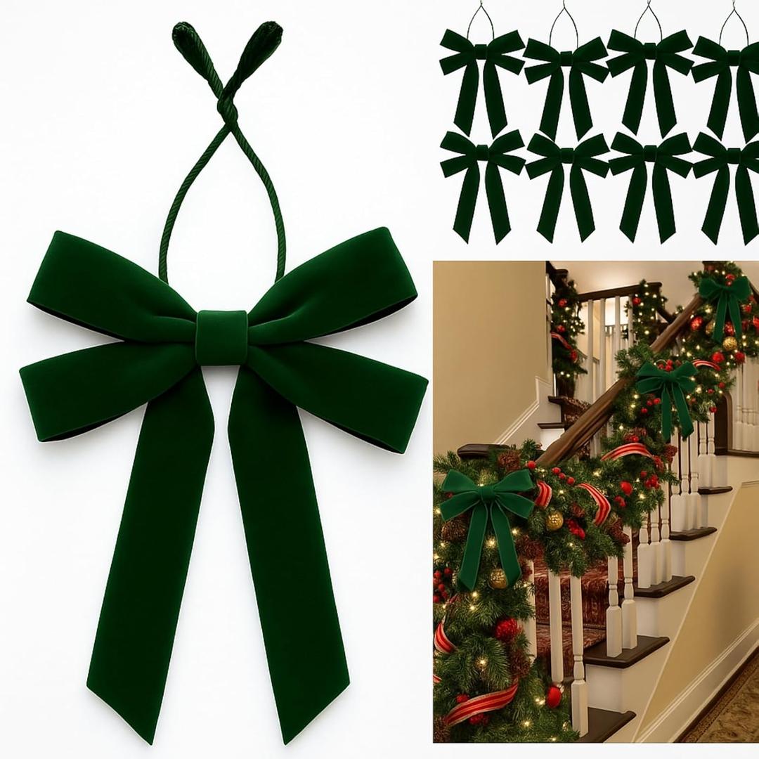 36 Pcs 20 Inches Christmas Garland Ties with Large Velvet Bows Decorative Reusable Twist Tie Bows for Banister Christmas Indoor Outdoor Holiday Wreath Decorations(Dark Green)