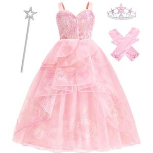 ODESABO Pink Witch Costume for Girls with Crown and Wand,Halloween Costume for Kids,The Good Witches Princess Dress Up (7-8 Years) 130