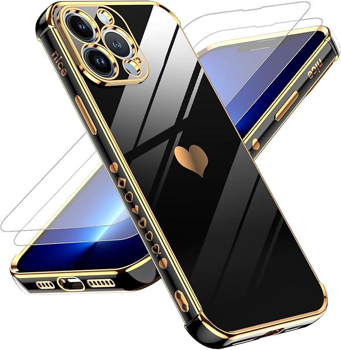LeYi for iPhone 13 Pro Max Case: with Tempered Glass Screen Protector [2 Pcs]+ Full Camera Lens Protection,Love Heart Plating Women Cute Luxury Soft TPU Shockproof Case for 13 Pro Max,Black 3Pcs