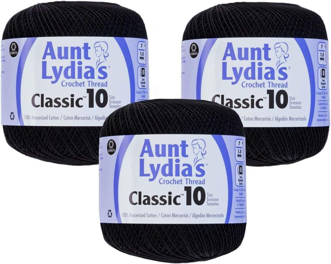Aunt Lydia's Bulk Buy Crochet Cotton Classic Crochet Thread Size 10 (3-Pack) Black 154-12