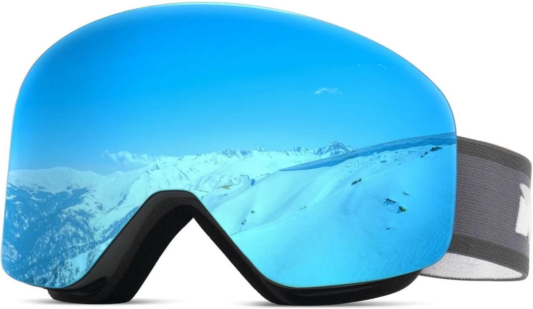 Meeloog Magnetic Ski Goggles Frameless Interchangeable Lens, UV Protection Snow Goggles, Snowboard Gear for Men Women Youth (P1 Grey Frame/Blue Lens(vlt 12%))