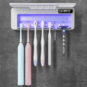 SwanKiss UV Toothbrush Sanitizer Holder for Bathrooms, 5+1+1 Slots Toothbrush Sanitizer and Holder, Rechargeable Cordless Wall Mounted Tooth Brush Holder with Heating Functions, No Drilling (White)