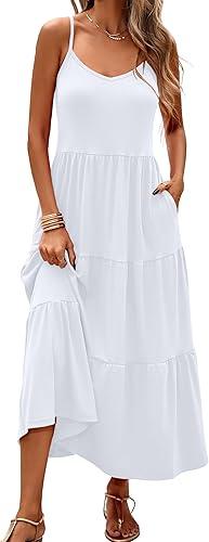 Halife Womens Flowy Tiered Maxi Dress Sleeveless Summer Sundresses Adjustable Straps Long Beach Sun Dresses with Pockets White M
