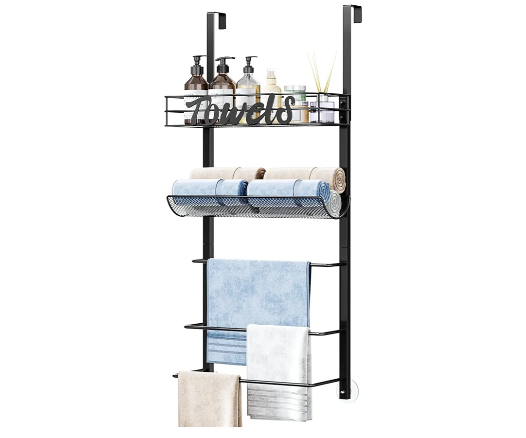 SWTYMIKI Over Door Towel Rack - 5-Tier Wall Mounted Towel Holder Storage Organizer with Metal Shelf for Bathroom, Black