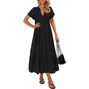 KIRUNDO Summer Maxi Dresses for Women 2026 Spring Fashion Short Sleeve Button V Neck Pleated Loose Tiered Swing Flowy Dress (Medium, Black)