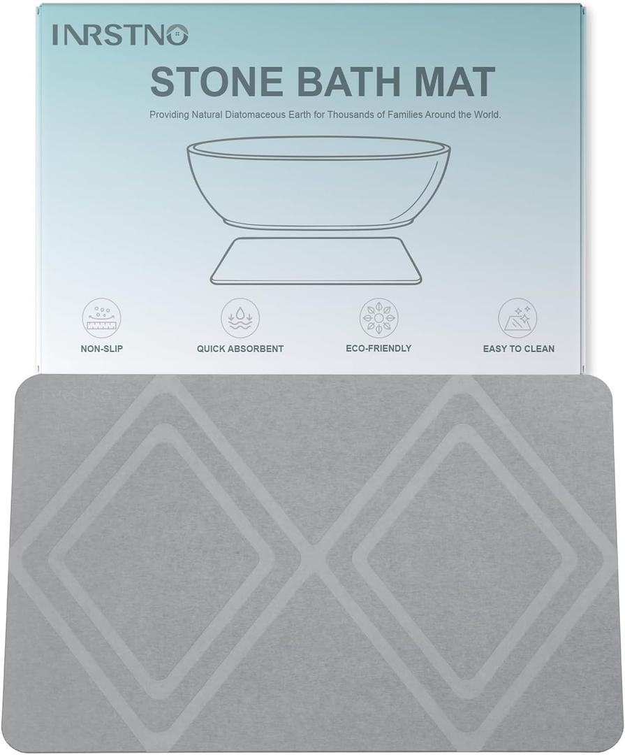 Extra Large Stone Bath Mat, 31.5 x 20" Diatomaceous Earth Mat Diamond Pattern, Super Absorbent Quick Drying Stone Bath Mats for Bathroom, Easy to Clean (Light Grey)